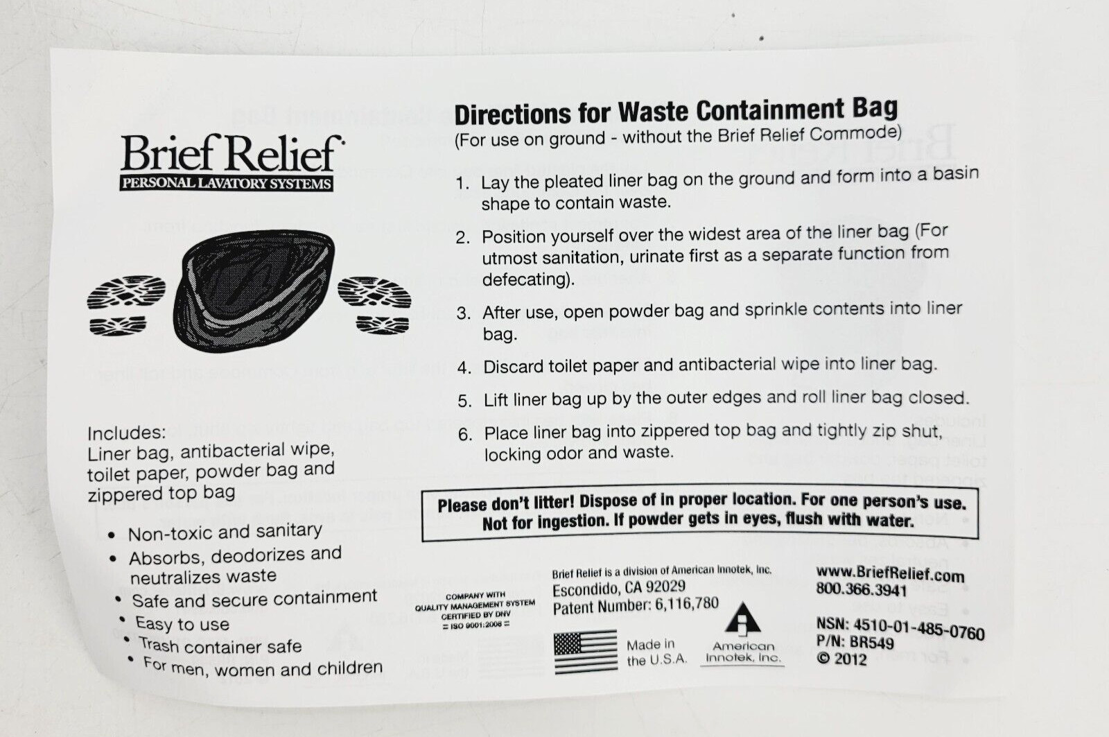 10 x Innotek Brief Relieve Personal Restroom Systems Waste Containment Bags