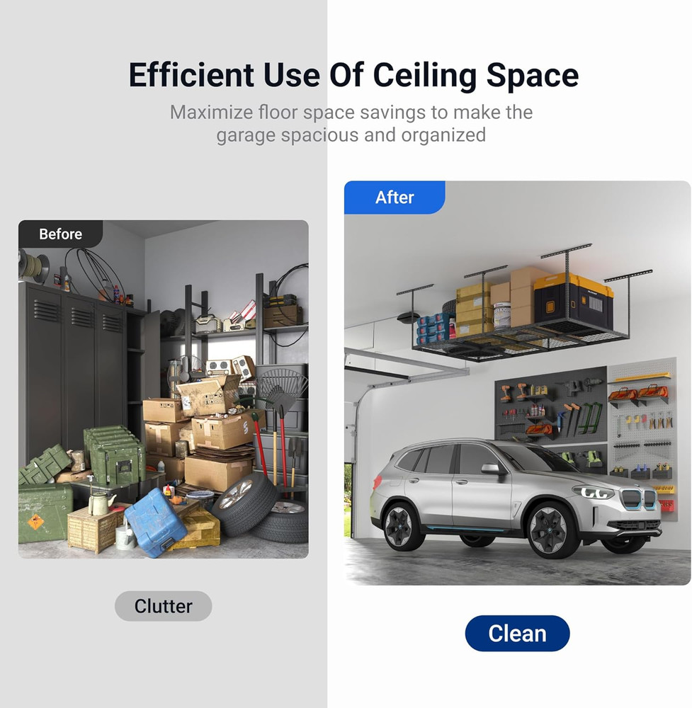 FLEXIMOUNTS 4X8 Overhead Garage Storage Rack, Adjustable Organization System, He