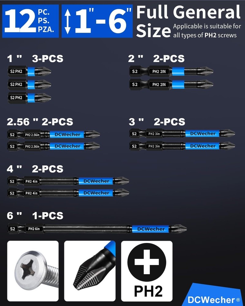 12-Pack 2 Phillips Bits #2 Impact Magnetic, Professional Long Phillips Head Dril
