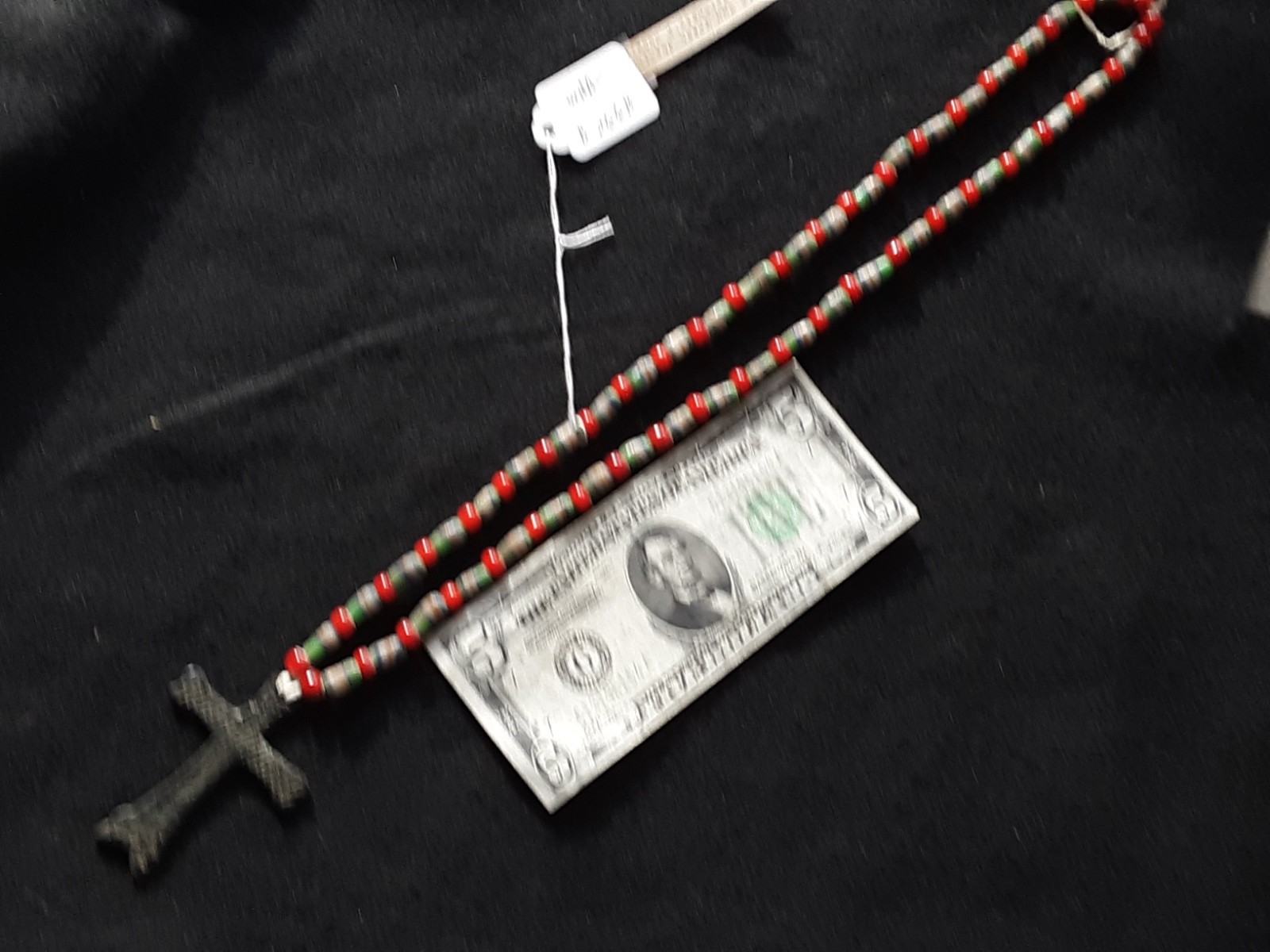 FRENCH BEAVER TAIL JESUIT CROSS, LEATHER STRUNG TRADE NECKLACE, WHA-0226*B266B