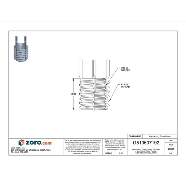 Key Locking Thread Insert, Thin Wall, 4 Keys, 7/16"-20 Int Thrd Sz, 9/16"-12