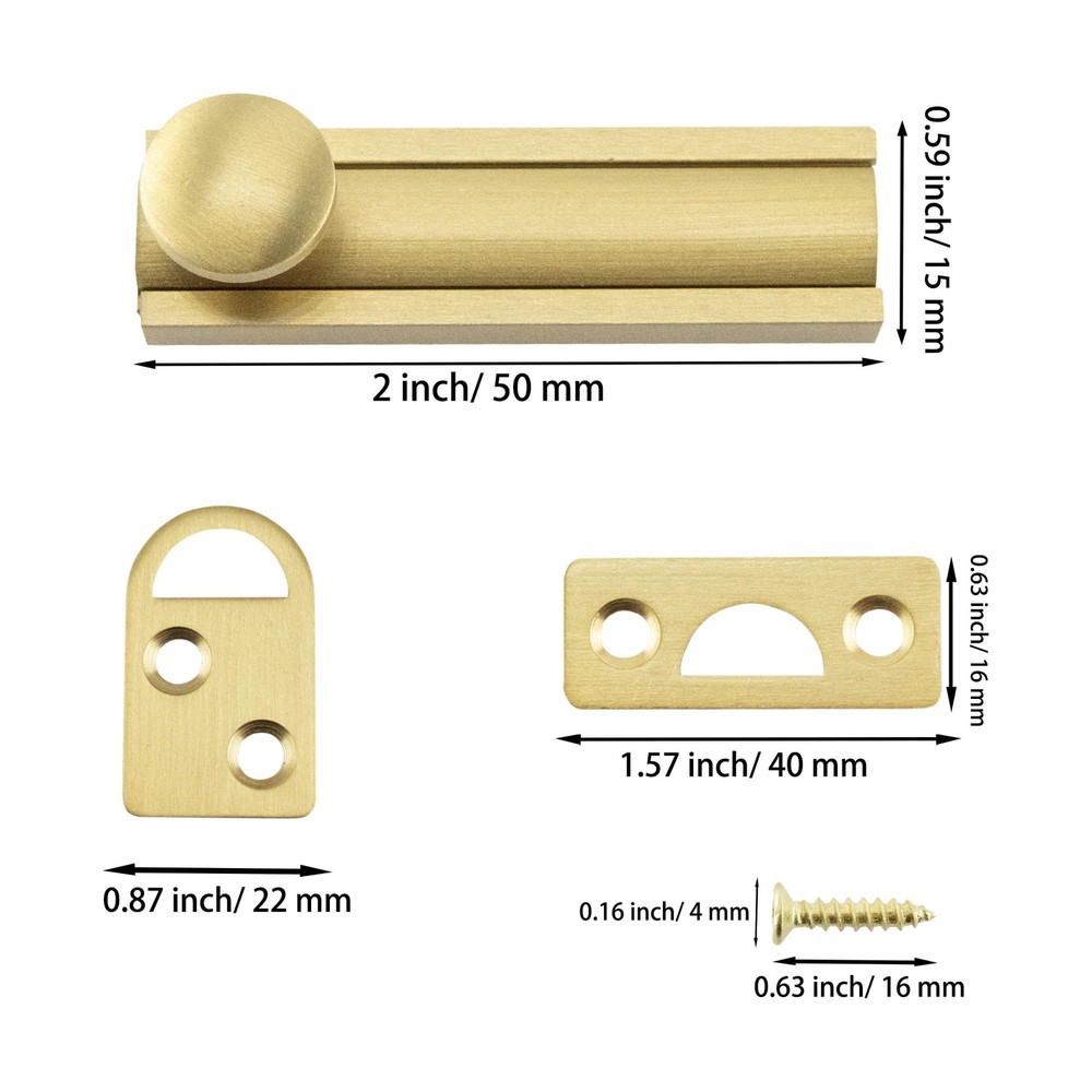 Surface Bolt 2 Inch Brushed Gold Solid Brass Slide Latch Cabinet Hardware