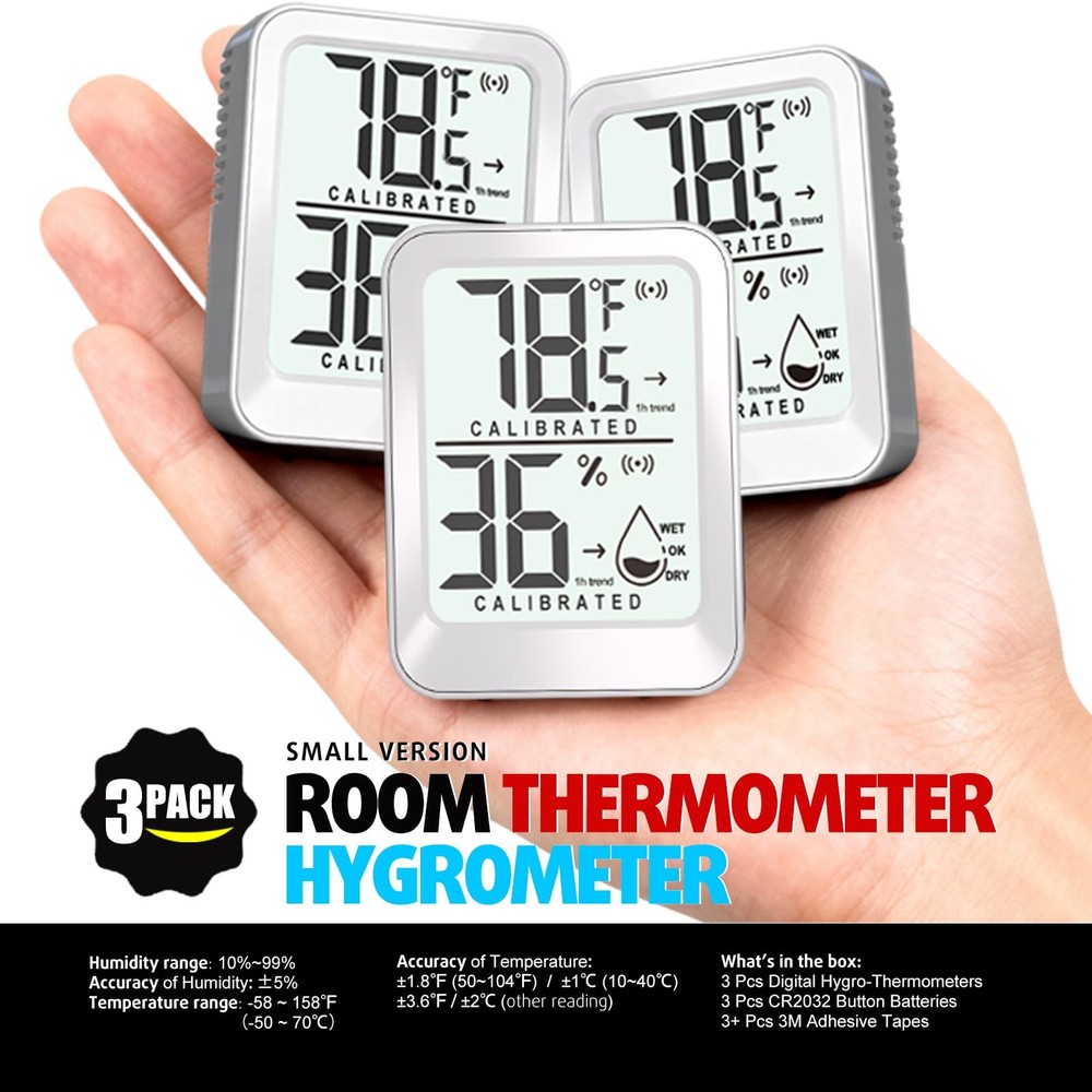 3 Pack Room Thermometer Indoor Mini Temperature Humidity Meter 3 - White