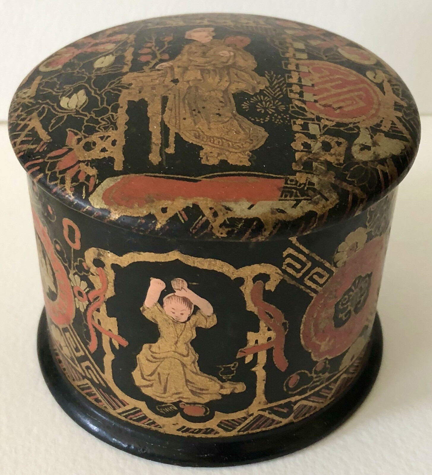 Antique Asian Chinese Japanese Black Lacquer Gold Geisha Girl Vanity Trinket Box