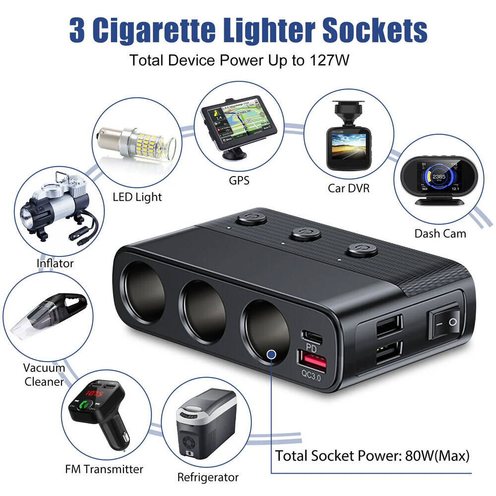 3Way Car Cigarette Lighter Socket Splitter USB Fast Charger Power Adapter 12-24V