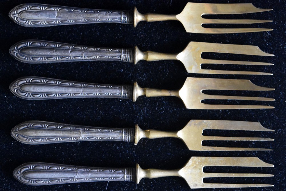 Antique Germany .800 Silver Handle and Brass 5 Fork Set