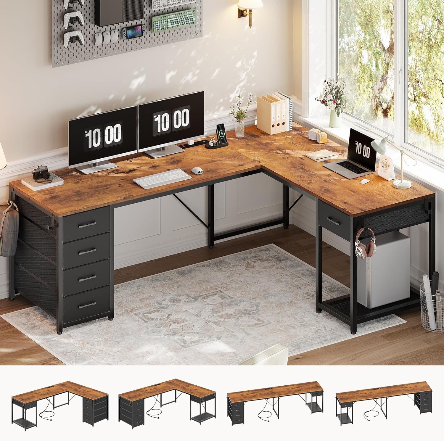 L Shaped Computer Desk with 5 Drawers Modern Reversible 78.7" Long 2 Person Desk