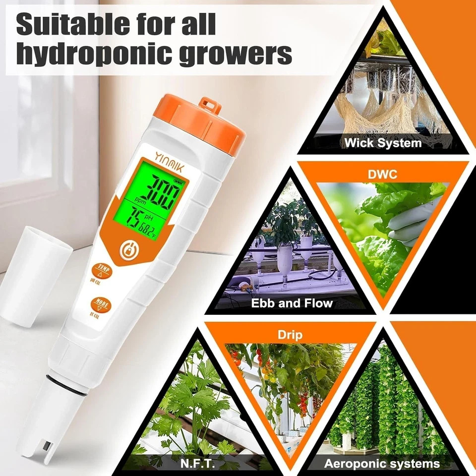 pH Meter for Hydroponics PPM EC Meter for Plant Nutrients Simultaneous Measureme