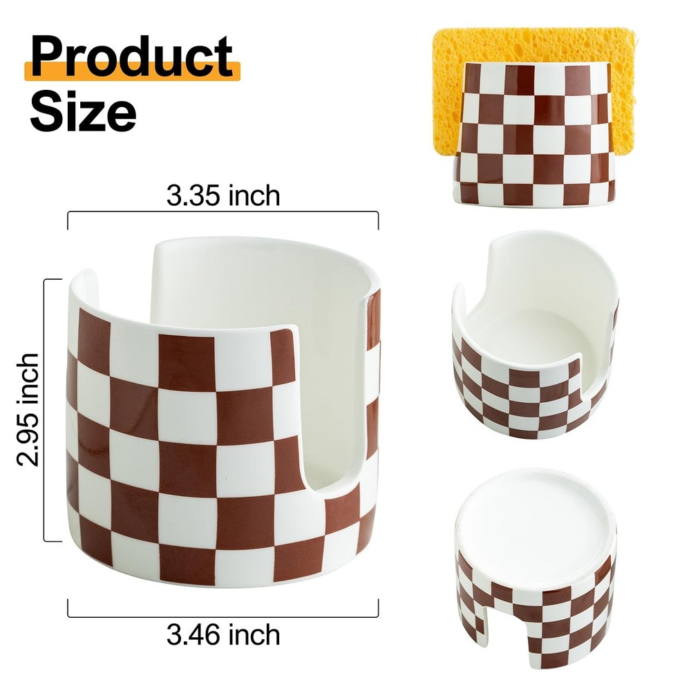 Checkered Sponge Holder for Kitchen Sink, Ceramic Dish Sponge Drying Caddy Sc...