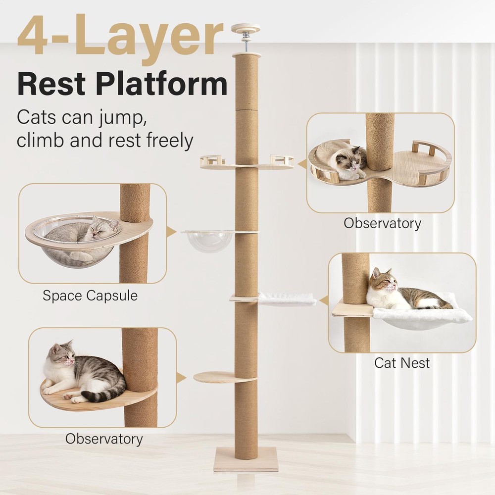 Floor To Ceiling Cat Tree 4 Layer 8.5-8.7 Ft Adjustable Height Climbing Tower