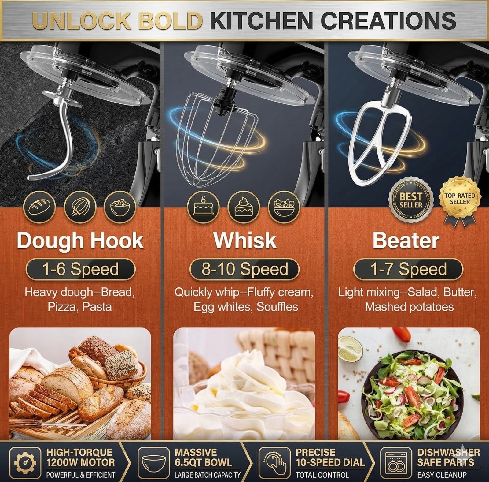 6.5QT Electric Stand Mixer 660W 10-Speed - 3-in-1 Tilt-Head Kitchen Food Mixer