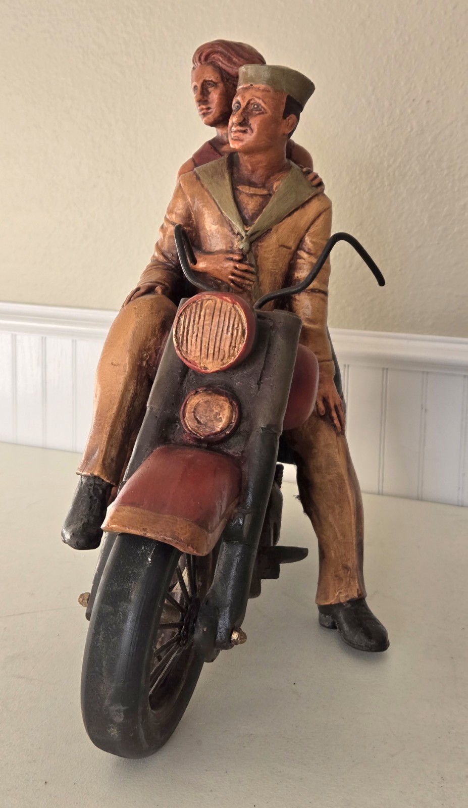 LARGE Wooden Sailor & Date Couple Riding Harley Davidson Motorcycle Sculpture