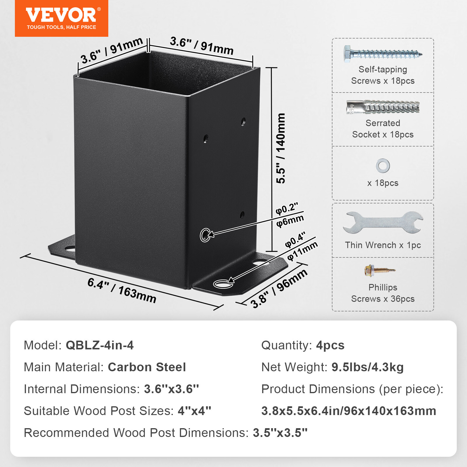 VEVOR 4 Pack 4x4 Post Base Brackets Heavy Duty Wood Post Fence Post Anchor