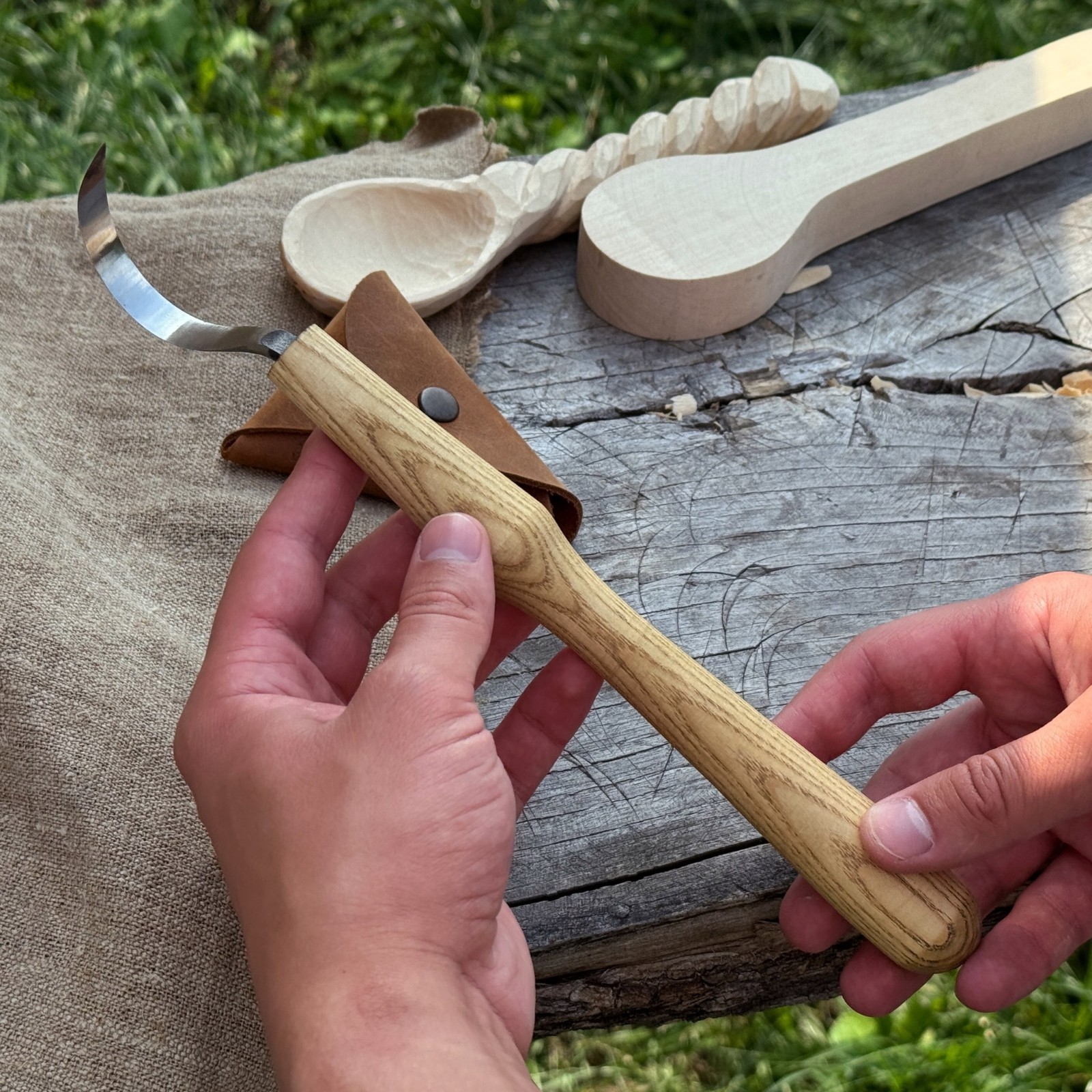 Long Hook Carving Knife 2.36'' Blade For Bowls Spoons Carbon Steel Ash Handle