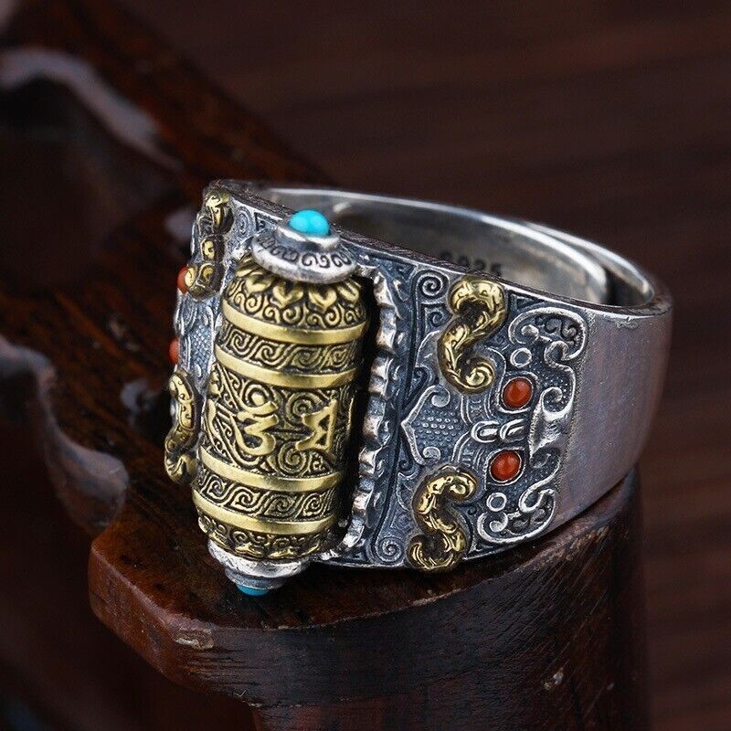 Men's Open Ring Buddhist prayer wheel Ring Adjustable Ring