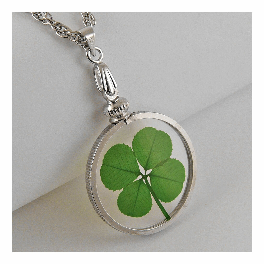 Good Luck Charm Silver Necklace with a Real Four Leaf Clover Item SN-4J