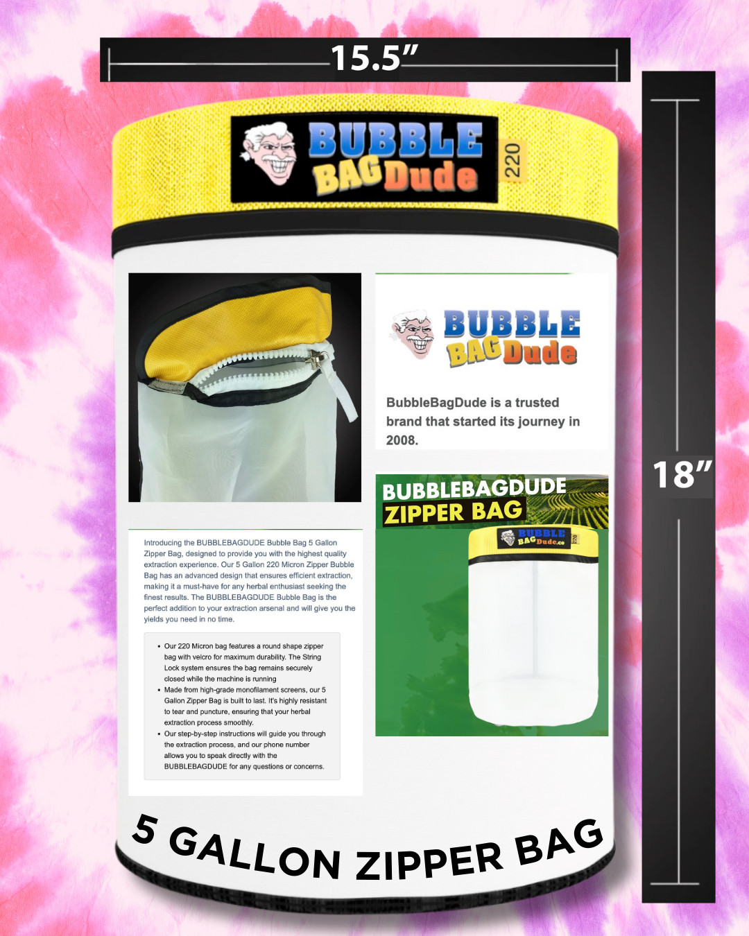 BubbleBagDude Bubble Bag 5 Gallon 220 Micron Zipper Extraction Bag Herbal Filter