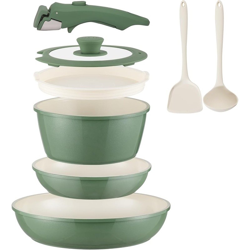 Non Stick Ceramic Cookware Set 8Pcs Removable Handle Space Saving Easy Cleanup