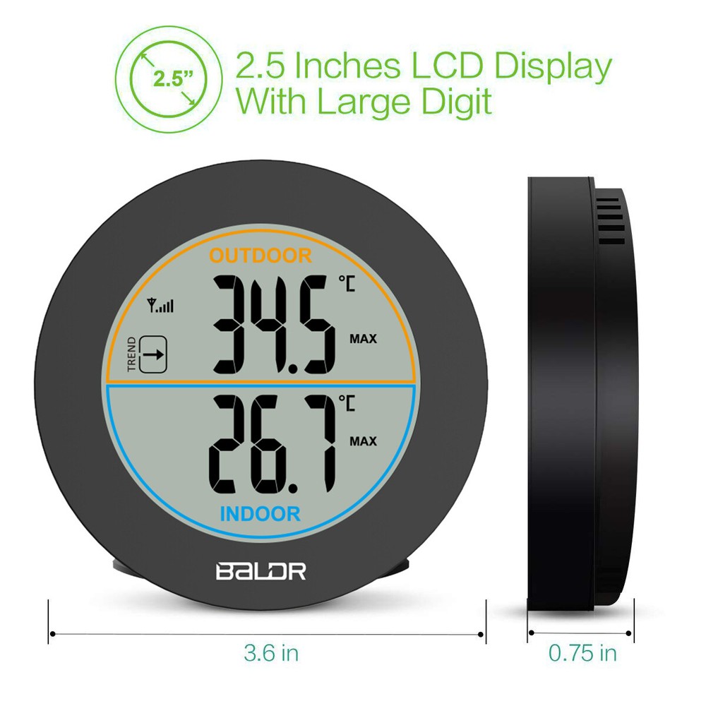 BALDR Wireless Hygrometer Thermometer Indoor Outdoor C/F Display with Sensor