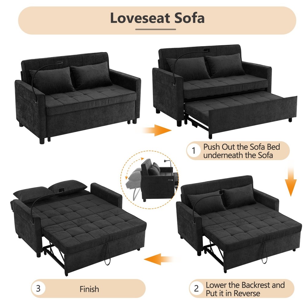 56.9'' Convertible Sleeper Sofa Bed Loveseat Sofa with Pull Out Bed & USB Ports