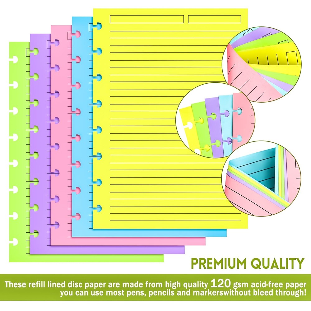 MotBach 100 Sheets Junior Size Discbound Lined 5.8'' x 8.2'', Multicolor