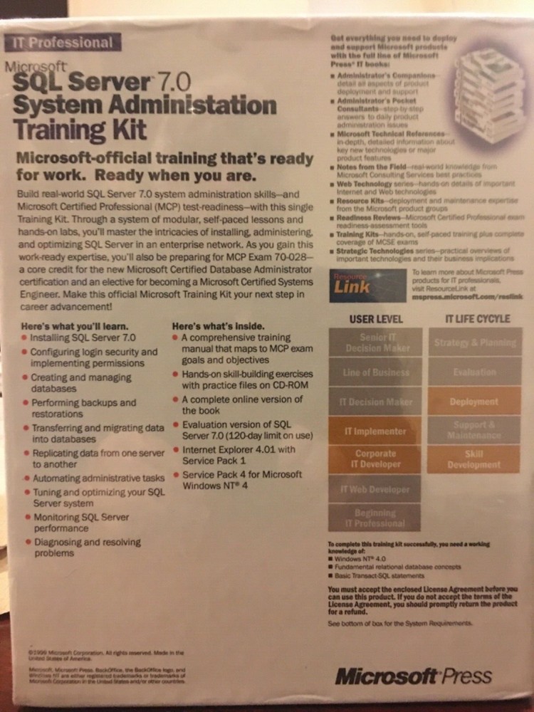 NEW Microsoft SQL Server 7.0 Resource Guide & System Administration Training Kit