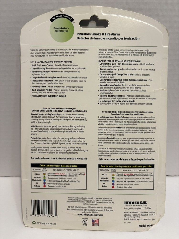 Universal Ionization Smoke & Fire Alarm 976LR Quick Response Battery