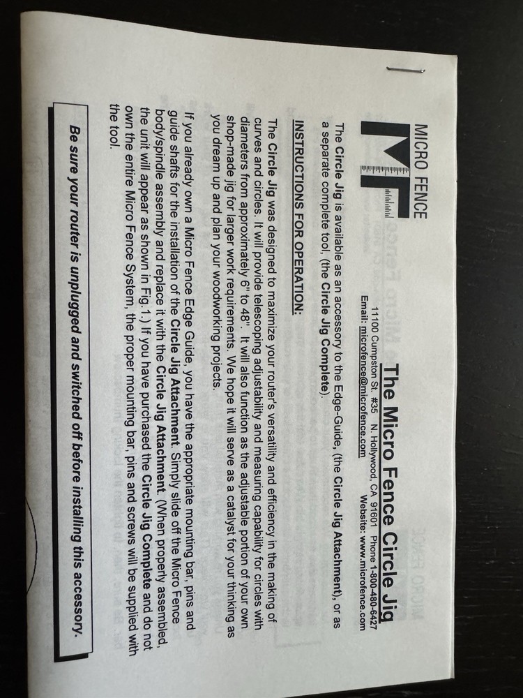 Micro Fence Circle Jig Attachment - NEW OPEN BOX