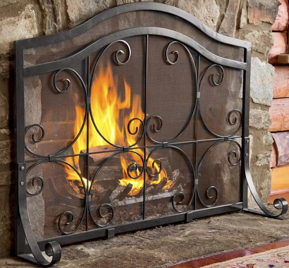 Plow & Hearth Small Crest Flat Guard Fireplace Screen, Solid Wrought Iron Frame