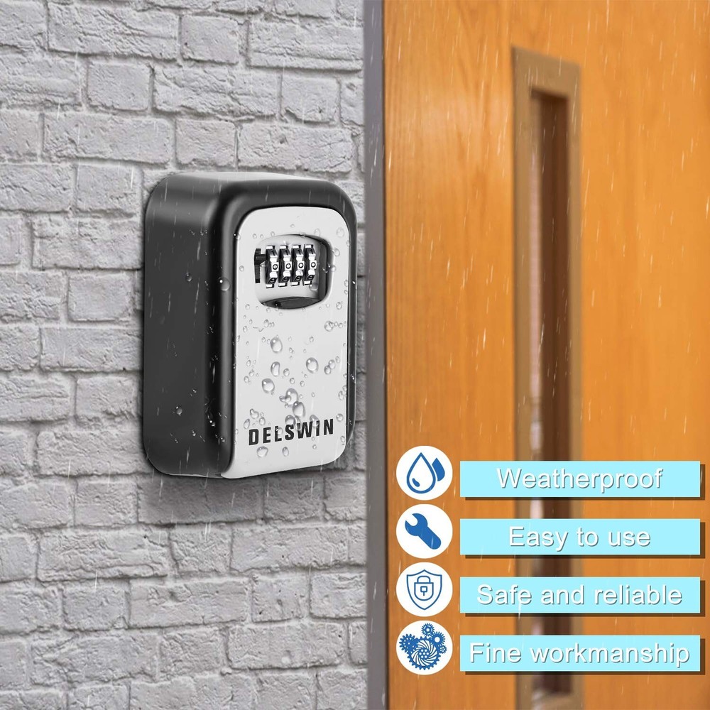 DELSWIN Wall Mounted Key Lock Box - Weatherproof Combo LockBox with 4-Digit C...