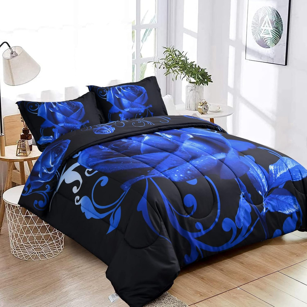 Blue Comforter Set Queen, Reversible Blue Rose Pattern Printed Bedding Comforter