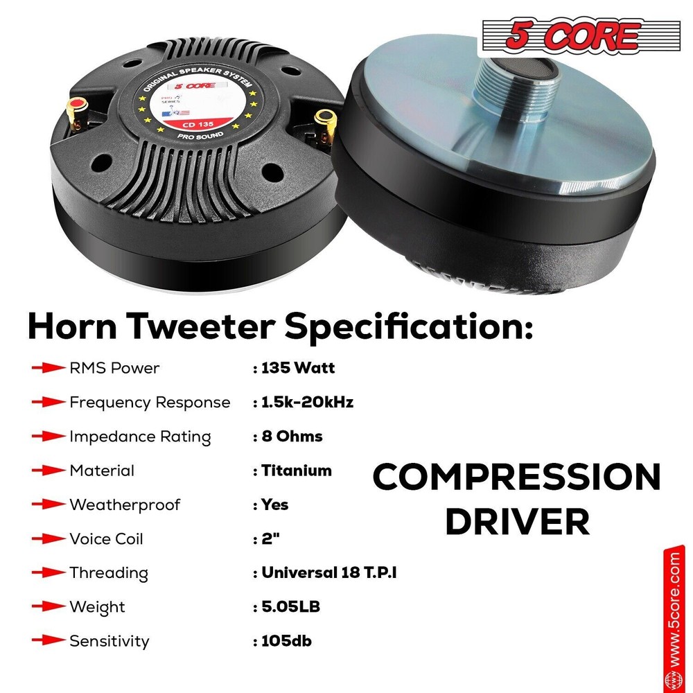 5Core Compression Driver 135W RMS 8 Ohm Titanium Horn Throat Tweeter Speaker