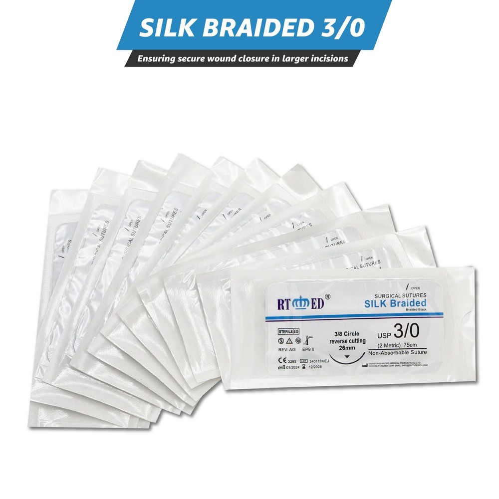 3/0 Silk Suture Practice Thread Kit Sterile Sutures Threads & Needle 12 Pack