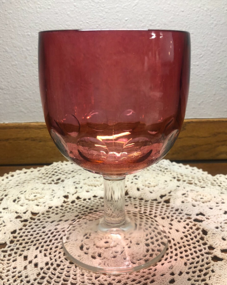BARTLETT COLLINS VINTAGE FLASHED RUBY RED THUMBPRINT FOOTED STEMMED WINE GOBLET