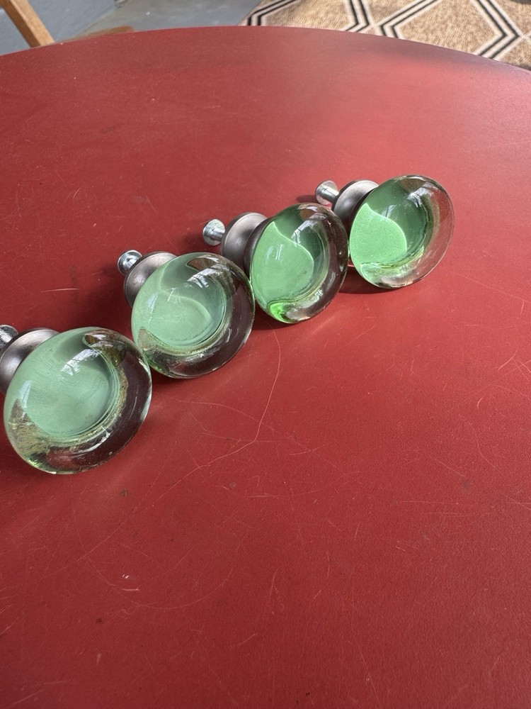 4 VINTAGE LIME GREEN And Clear GLASS DRAWER PULLS KNOBS