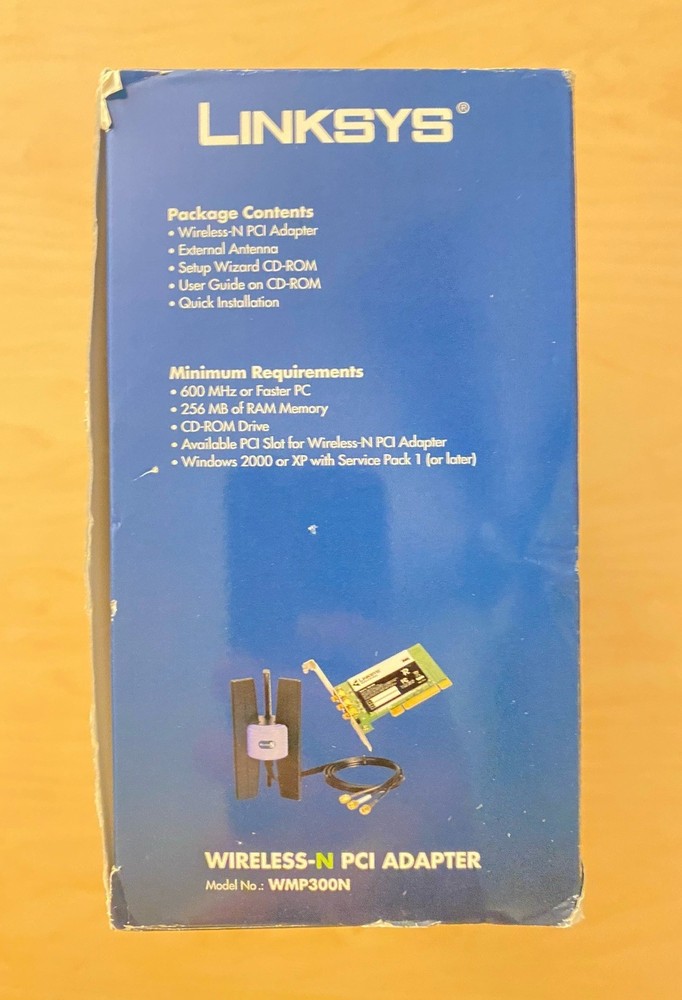 Linksys WMP300N Wireless‑N PCI Adapter With Box & Antenna Base (System Pull)