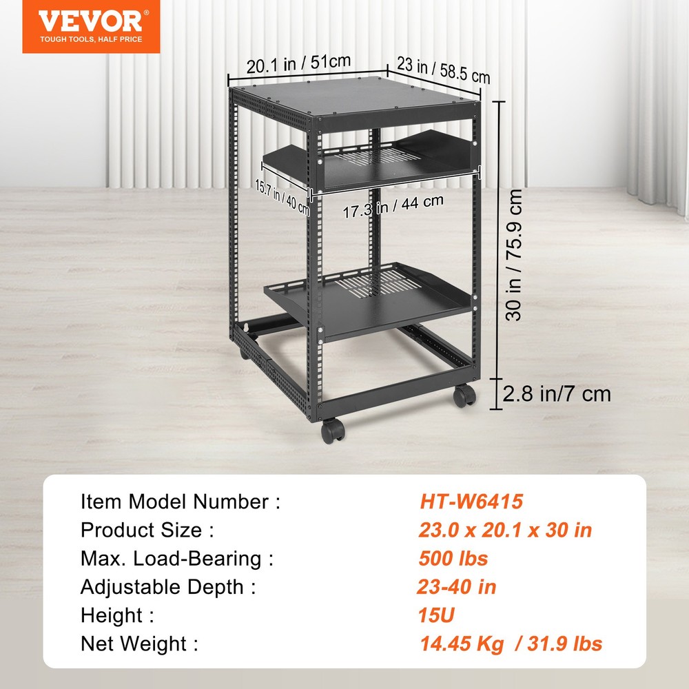 VEVOR 15U 4 Post Open Frame Server Rack Network Enclosure 23''-40'' Adjustable