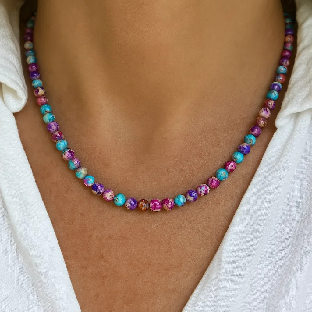 Galaxy Sea Sediment Jasper 4mm Beaded Choker, Natural Healing Gemstone Necklace