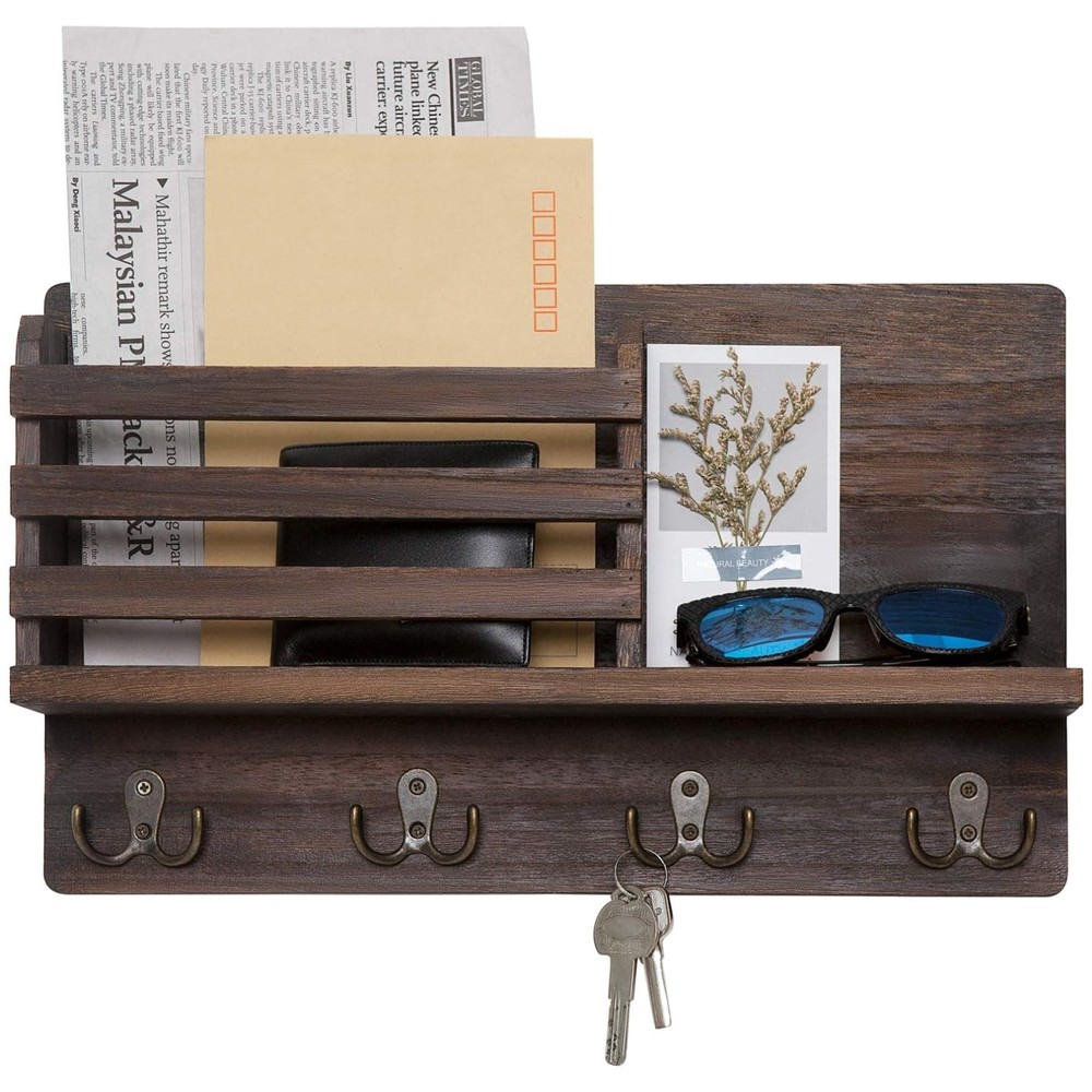 Rustic Farmhouse Wall Mounted Mail Holder with Key Hooks