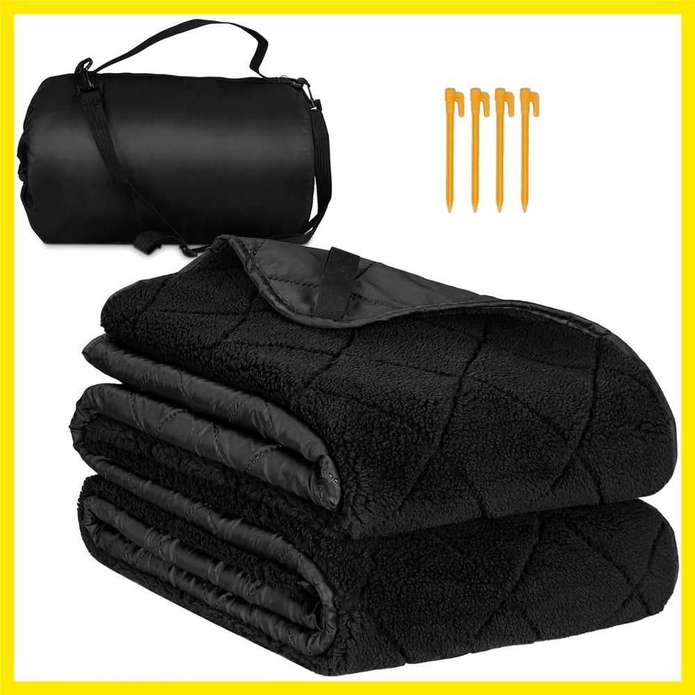 Waterproof Camping Blanket with Sherpa Lining, Large Windproof Outdoor Blanke...