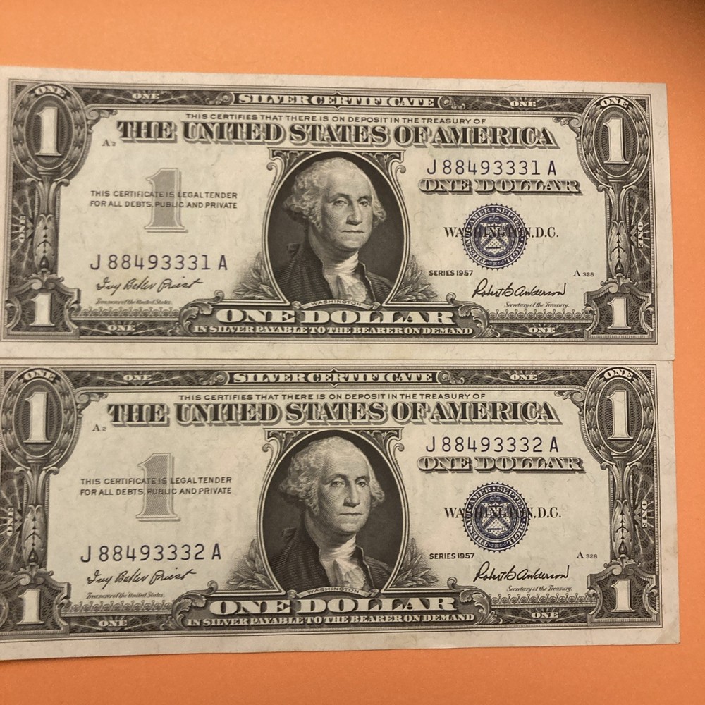 2 Consecutive Serial Numbered 1957 Silver Certificate In Uncirculated Condition
