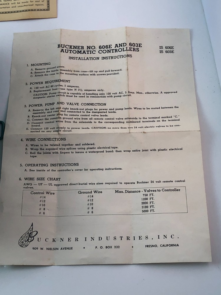Buckner Automatic Sprinkler Controller Model 603E