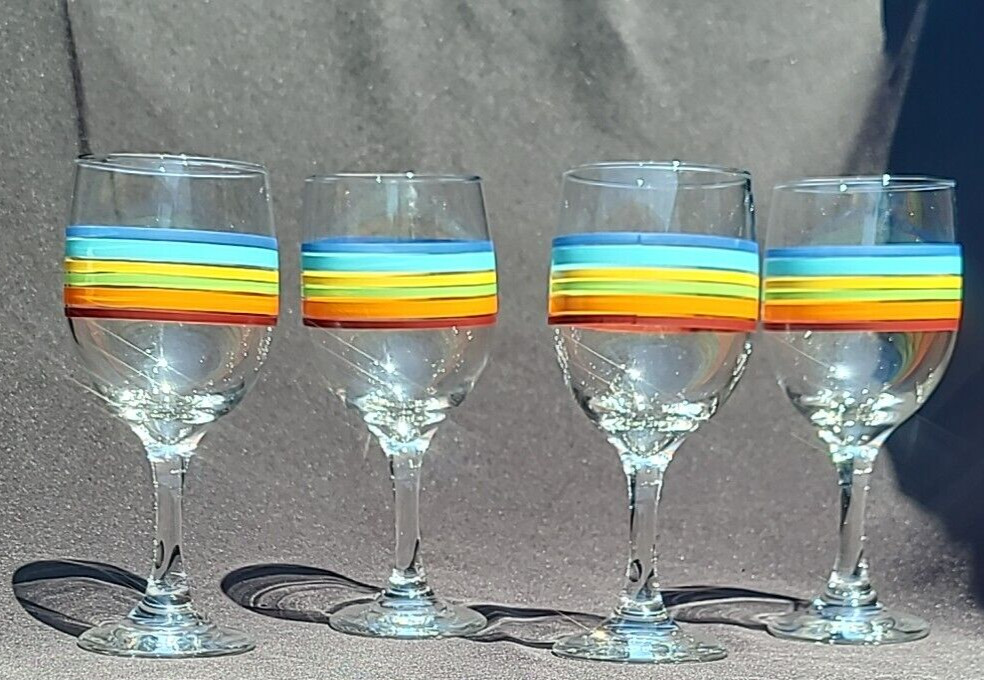 Set of 4 Vintage Libbey Mambo Fiesta Striped Summer Wine Glasses Goblet Rainbow