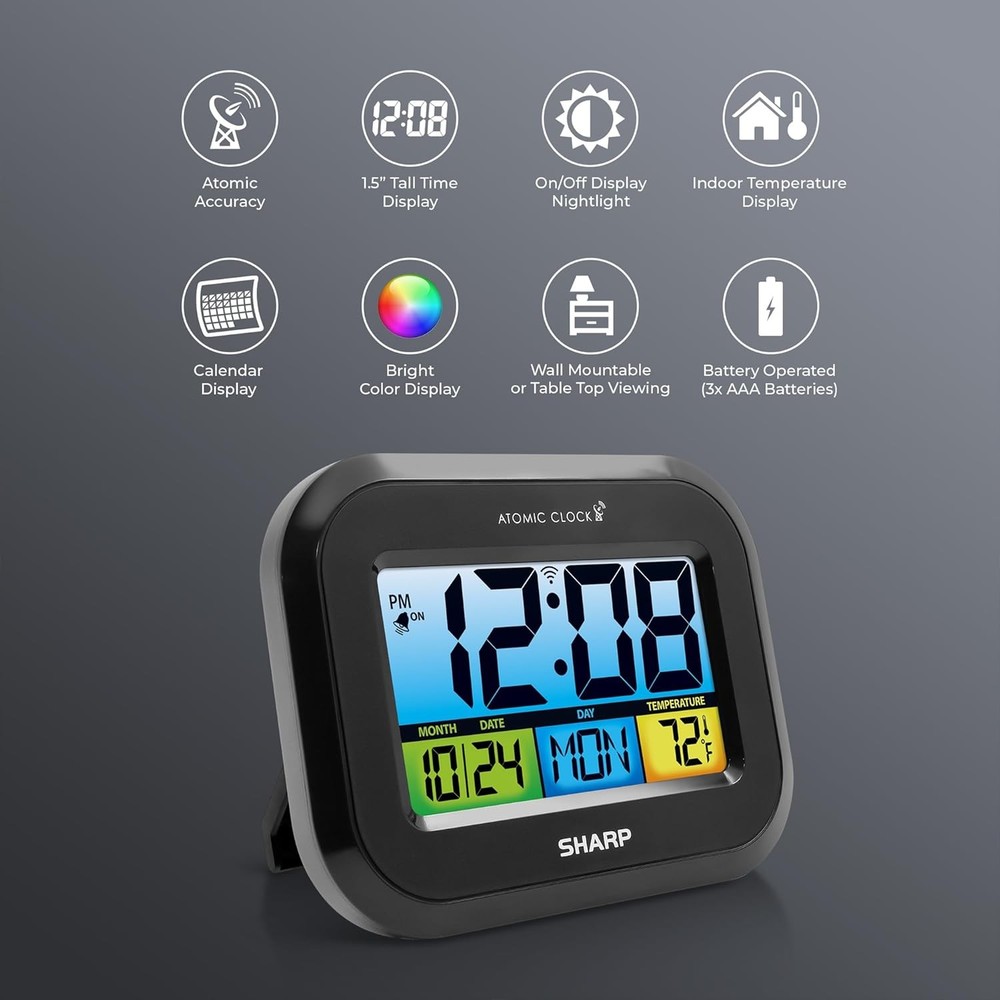 Digital Alarm Clock with LCD Display – Always-On Backlight, Adjustable Black