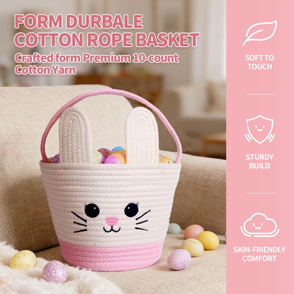 Lightilunar Easter Basket, Empty Bunny Basket, Woven Basket with Soft Handle,...