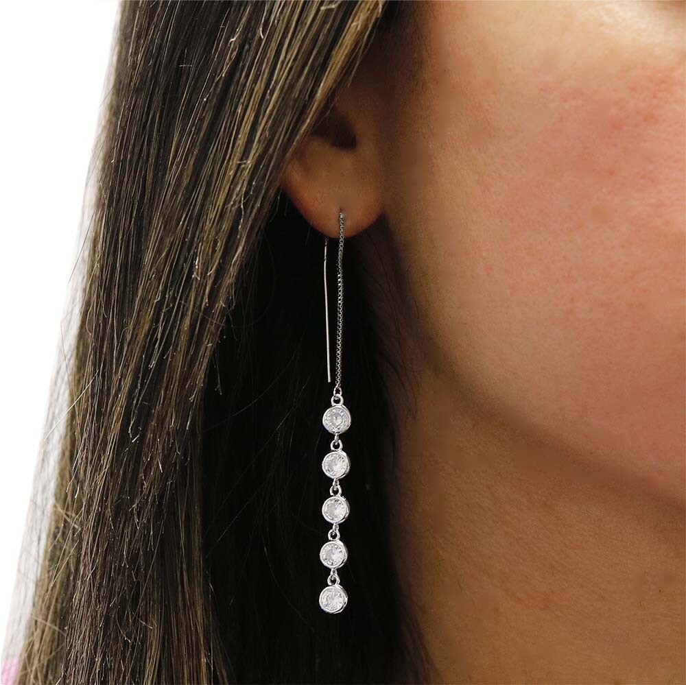 18K White gold Crystal Drop Threader Earrings Made With Swarovski Elements