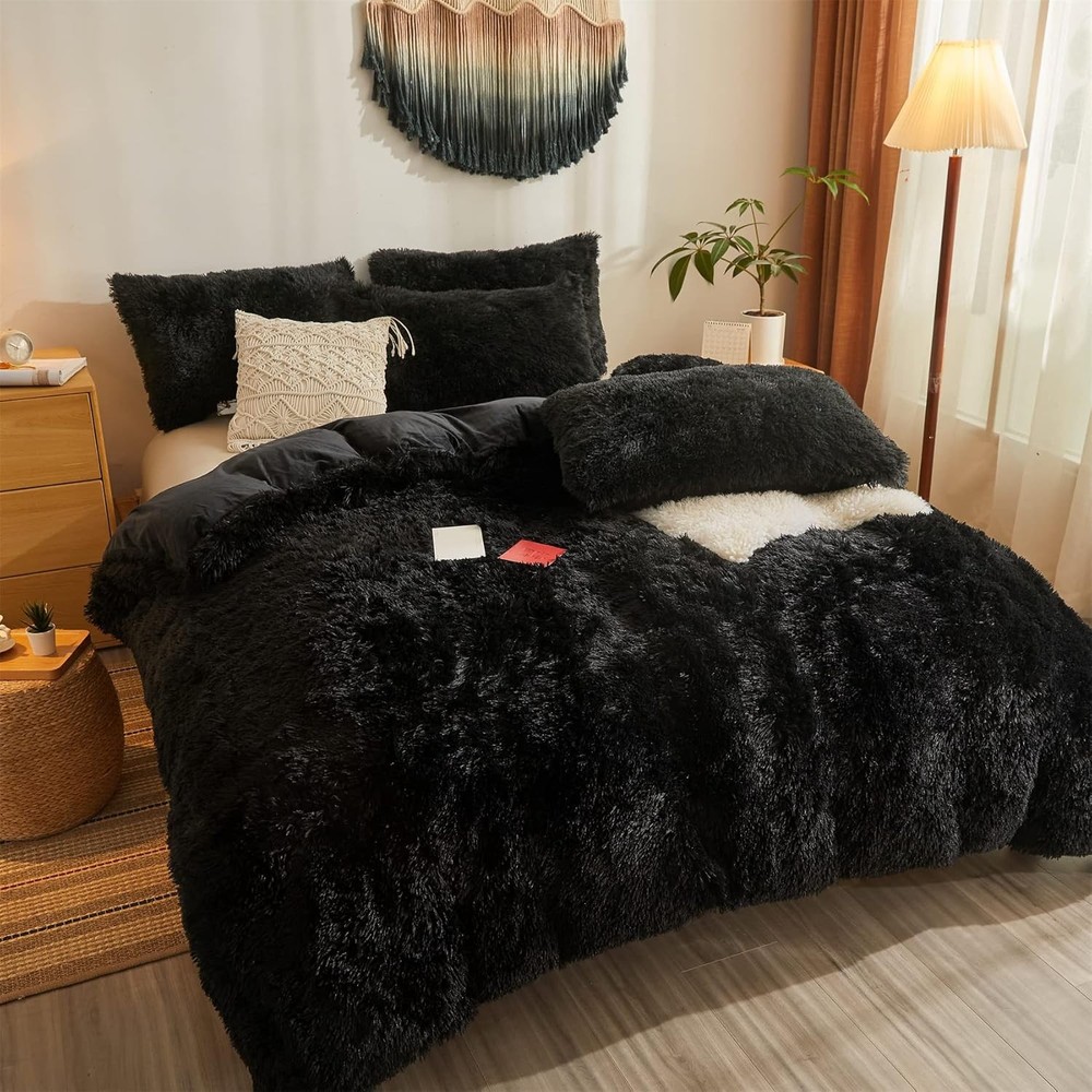 Faux Fur Black Comforter Set Queen，Down Alternative Queen,