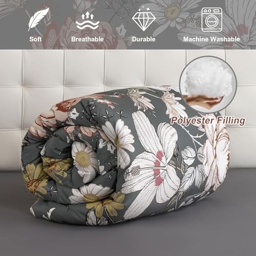 Comforter Set 7 Pieces Bedding Sets,Floral Comforter and Sheet Queen Gray