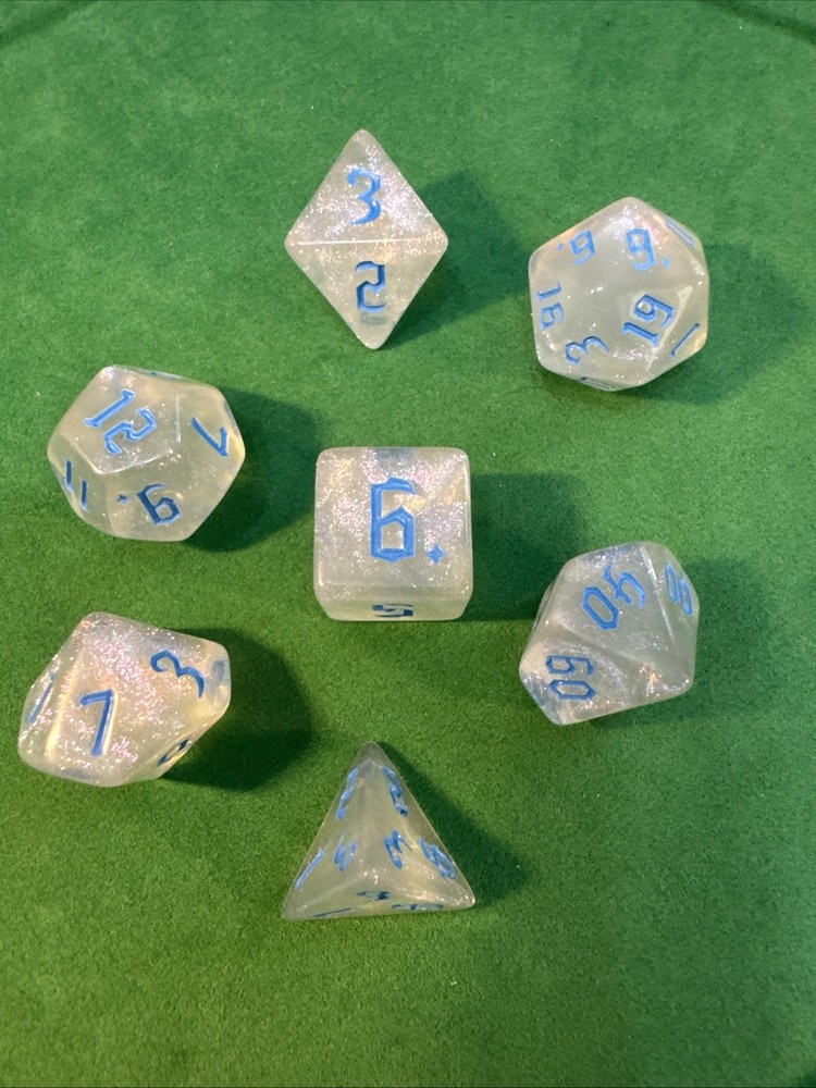 Glittery Translucent Polyhedral Dice Set with Blue Numerals - RPG DND 12