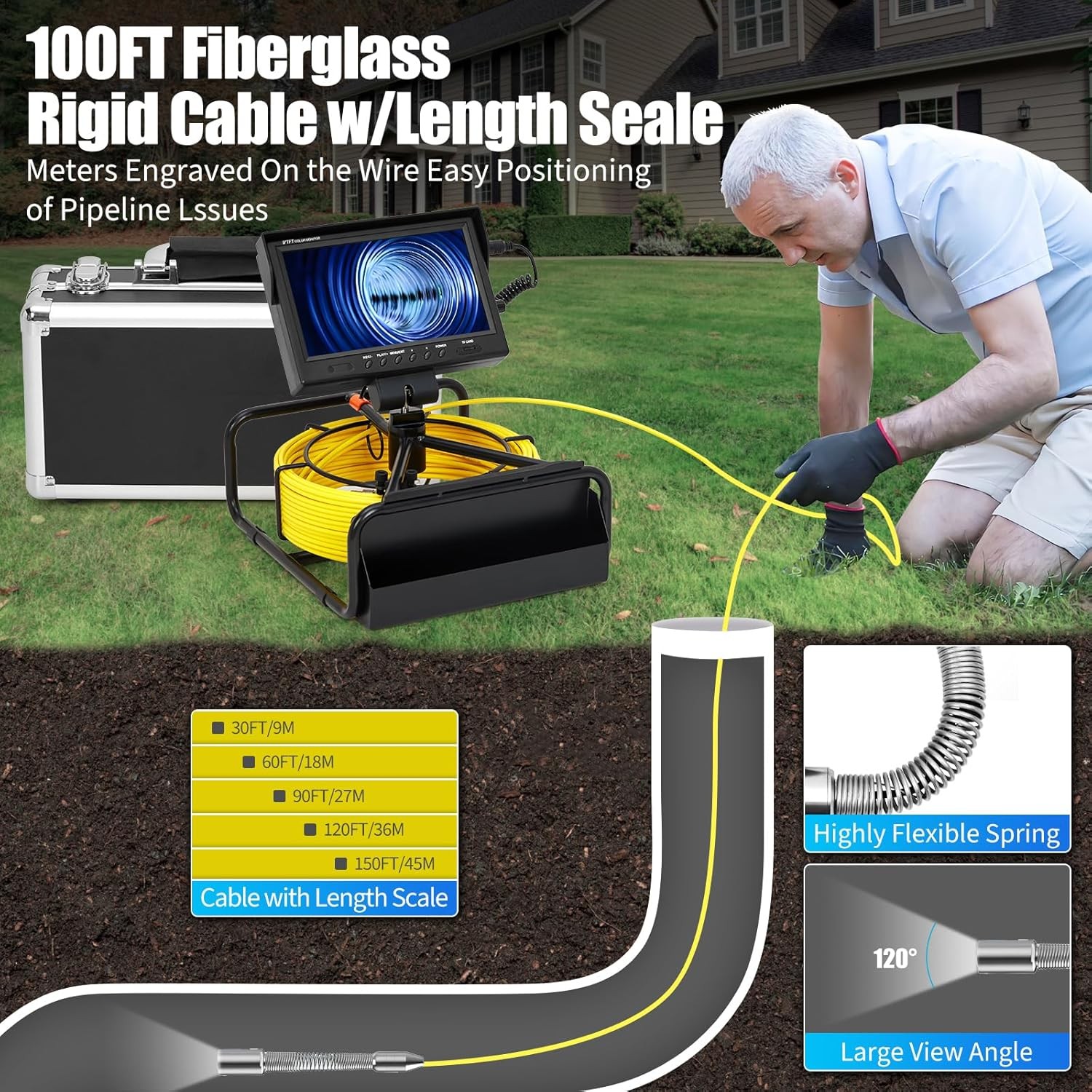 Sewer Camera 100FT/30m Self-Leveling Drain Camera with 512Hz Locator 9” Screen